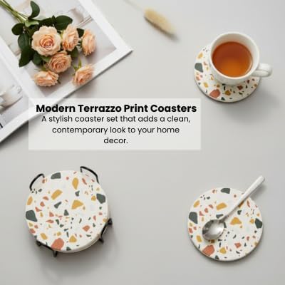 Terrazzo Coasters Set of 6, Ceramic Absorbent Drink Coasters, Cute Moisture Absorbing Coaster, Coffee Table Desk Decor, Colorful Stone Coaster for Drinks (Sunset with Black Holder)
