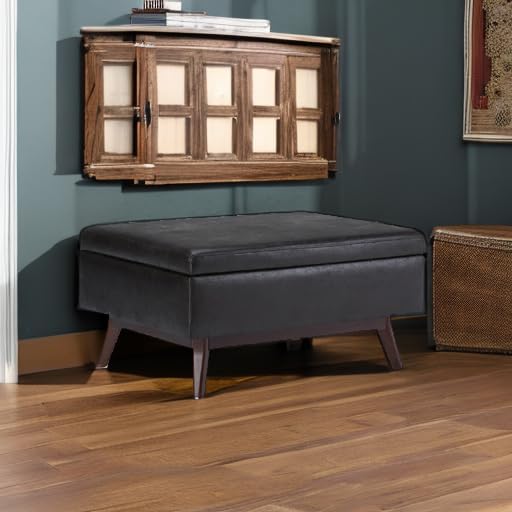SIMPLIHOME Owen Coffee Table Storage Ottoman - 34" Wide x 19" High Upholstered Vegan Leather Rectangular Lift-Top Ottoman in Distressed Black, Mid-Century Bench for Living Room with Tapered Legs