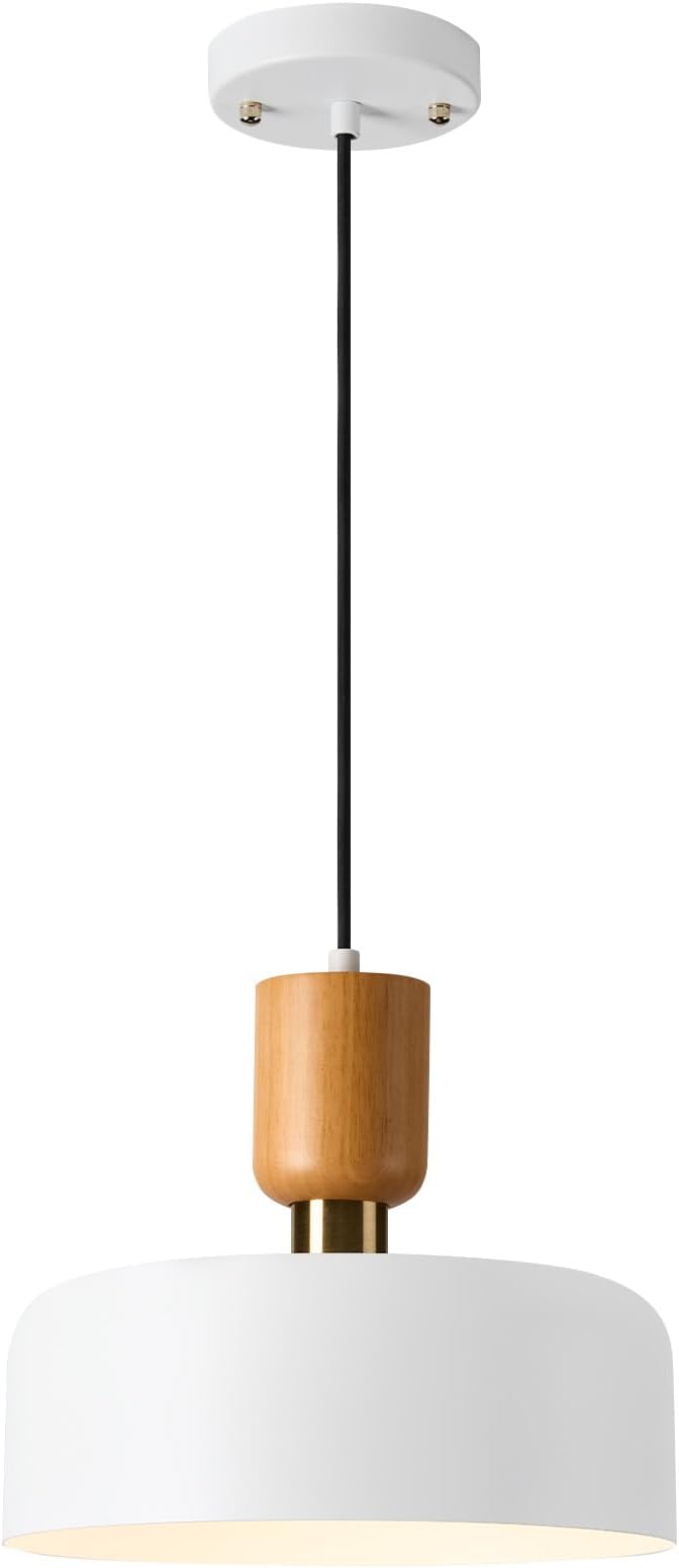 TeHenoo Modern Pendant Light, 12 inch, Matte White | Natural Wood and Brass Accent, Adjustable, For Kitchen Island, For Dining Room