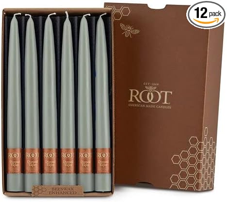 Root Candles 12-Count Unscented Taper Candles Smooth Hand-Dipped Dripless Beeswax Enhanced Boxed Candle Set, 9-Inch, Sage Green