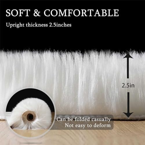 Faux Fur Sheepskin Runner Rug White 2x6 ft Ultra Soft Shaggy Plush Fluffy Fuzzy Area Carpet Decorative Chair Cover Floor Mat for Bedroom Sofa Living Room Bedside