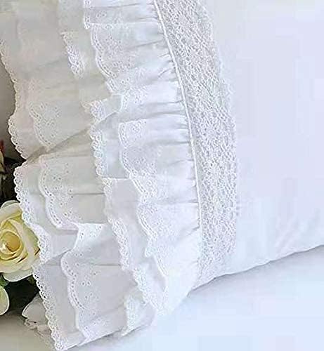2-Pack White Pillow Shams Shabby Chic Pillowcases with Lace Ruffles Vintage Pillow Covers Cotton Queen Size 20"X30" Luxury Elegant