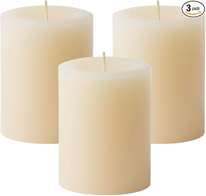 Mister Candle Dripless Unscented Ivory Pillar Candles, Set of 3 Hand Poured Solid Color Non-Scented Candles for Home Decor, Premium Wax, 60 Hr Burn Time - 3x4 Inch, Ivory