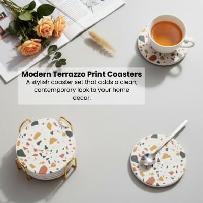 Absorbent Terrazzo Drink Coasters with Holder, Set of 6 Ceramic Stone Coasters for Drinks, Water-Absorbing Coffee Coasters for Coffee Table Decor (Sunset)