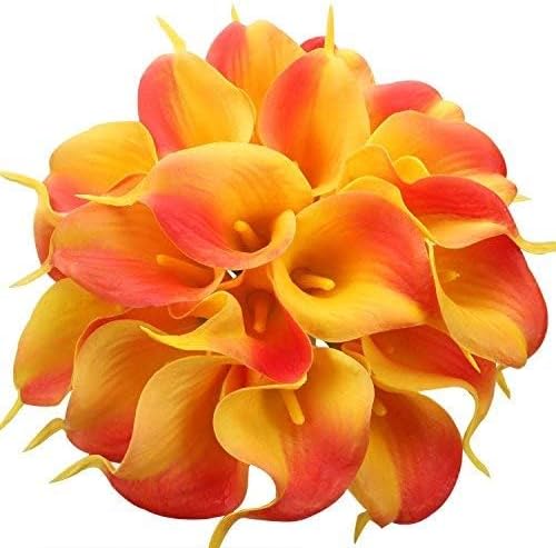 Floral Kingdom 20 Pack Artificial Calla Lily Flowers 14 Inch Yellow-Orange – Real Touch Faux Flowers for Table Centerpieces, Home Decor and Weddings