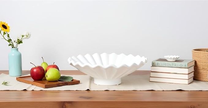 Matte White Pleated Pedestal Bowl - Fluted Scalloped Edge Decorative Cake Stand Bowl, Elevated Footed Display Dish for Home Decor, Modern Farmhouse Centerpiece for Coffee Table Entryway [10.5W X 3.5H]