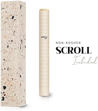SURI Mezuzah for Door – 6 Inch Terrazzo Pink Concrete Mezuzah Case with Non Kosher Scroll, Self-Stick Jewish Entry Design, Fits a 5 Inch Scroll, Gift Box Included