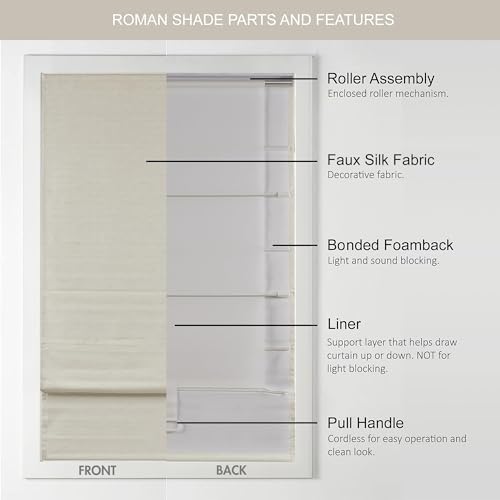 Madison Park Cordless Roman Shades Faux Silk Shade with Sheen 1-Panel Privacy, Room Darkening, Energy Efficient, Thermal Insulated Window Blind for Bedroom, Living Room Décor, 35"W x 64"H Como, Ivory