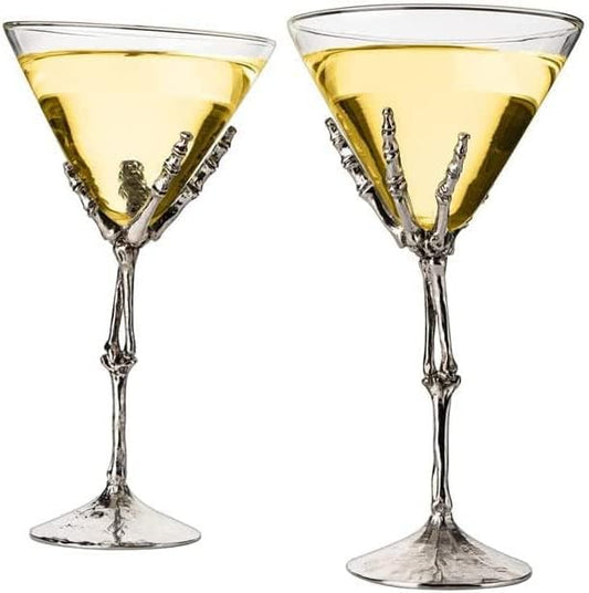 Stemmed Skeleton Martini Glasses Set of 2 – 9" Gothic Skeleton Hand Cocktail Glasses – Spooky Halloween Barware for Drinks, Wine & Martinis – Goth Party Decorations, Skeleton Gifts & Unique Glass Set