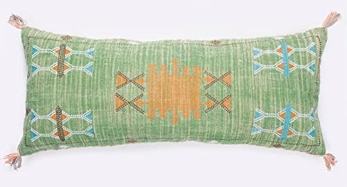 Extra Long Lumbar Pillow Cover (12 X 28 inches) | Hand-Woven Cactus Silk Green Pillow Linen Cover | Rustic Décor Bohemian Cushion Cover | Farmhouse Cotton Pillow Case | Decorative Throw Pillow Dress