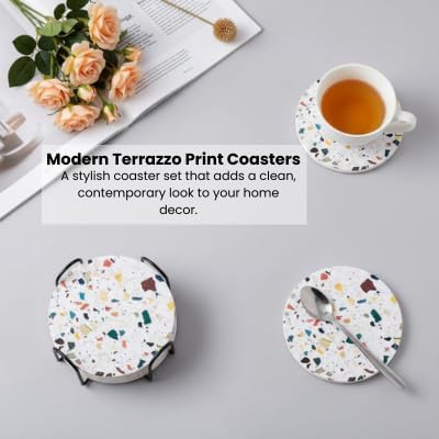 Terrazzo Coasters Set of 6, Ceramic Absorbent Drink Coasters, Cute Moisture Absorbing Coaster, Coffee Table Desk Decor, Colorful Stone Coaster for Drinks (Mosaic with Black Holder)