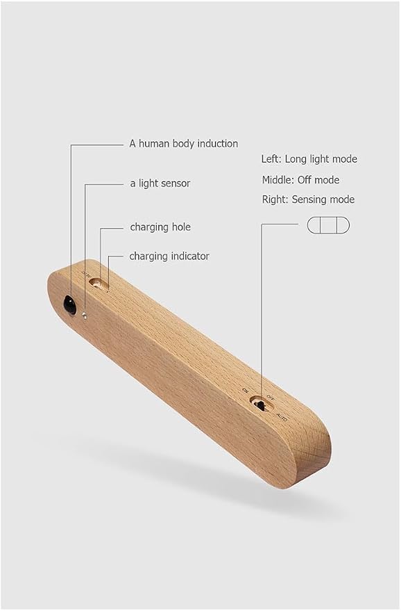 Wooden Motion Sensor Wall Light Magnetic Rechargeable Hallway 1-Pack | Night light warm LED glow, USB C, Detachable design, Tool-free mounting for closets, stairs, cabinets, entryways, home