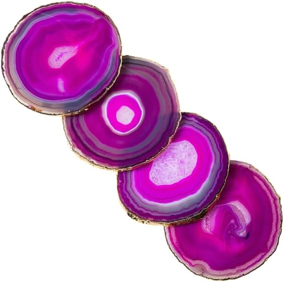 Nature's Decorations Pink Gold Rimmed Agate Stone Coasters - Set of 4, Polished Geode Drink Mats for Dining & Coffee Table & Kitchen Geode Decor Non-Toxic 3.5-4" Diameter