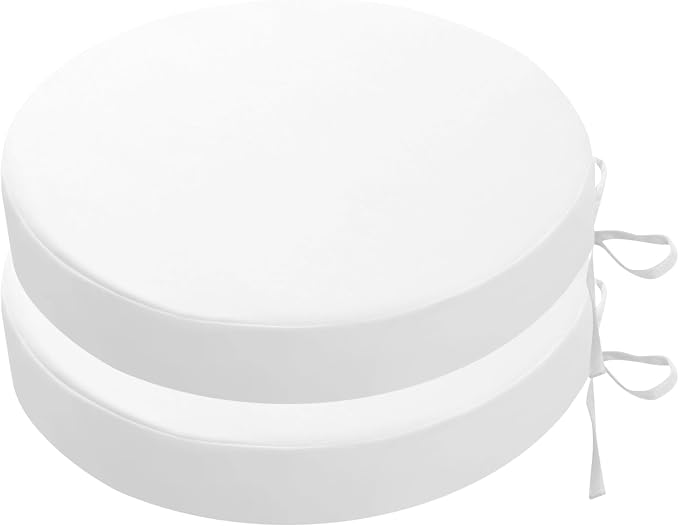 SK Studio Round Outdoor Chair Cushions for Patio Furniture, Set of 2 Waterproof Patio Chair Cushion with Adjustable Ties for Garden Sofa Couch, White, 18"x18"x2"