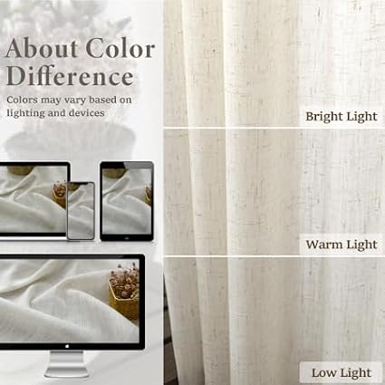 Natural Linen Back Tab Curtains 84 Inch Length for Living Room 2 Panel Pocket Drape Light Filtering Semi Sheer Neutral Country Rustic Farmhouse Boho Curtain Bedroom Muslin Look Ivory Cream Colored
