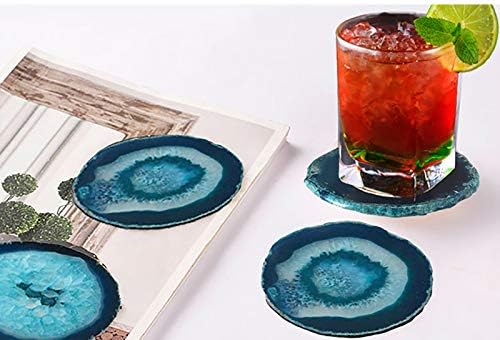 JIC Gem Dyed Teal 3.5-4" Agate Coaster Sliced Natural Agate Coaster for Small Size Cup or Coffee Cup Home Decor with Rubber Bumper Set of 4