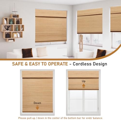 SEEYE Cordless Bamboo Roman Shades, Blackout Natural Bamboo Blinds for Indoor Windows, Roll Up Blind Privacy Shade for Home, Office, Door, UV Resistant & Easy to Install, 23" W x 64" H, Carbonized