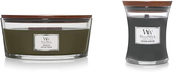 Woodwick Ellipse Scented Candle, Frasier Fir, 16oz | Up to 50 Hours Burn Time & Medium Hourglass Candle, Evening Bonfire - Premium Soy Blend Wax, Pluswick Innovation Wood Wick, Made in USA