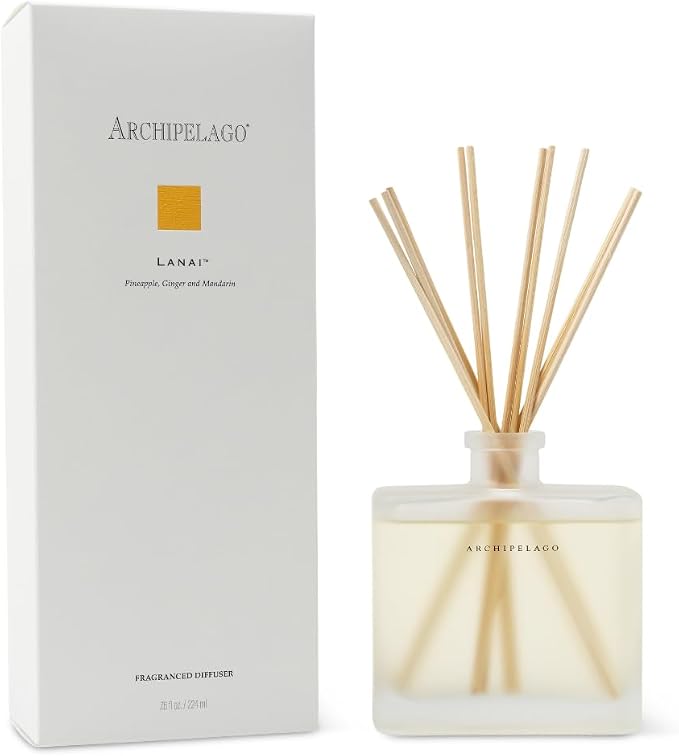 Archipelago Botanicals Lanai Reed Diffuser, Home Fragrance Reed Diffuser, Includes Fragrance Oil, Frosted Glass Vessel & 10 Diffuser Reeds, Perfect for Home, Office or Gift, 7.6 Fl Oz
