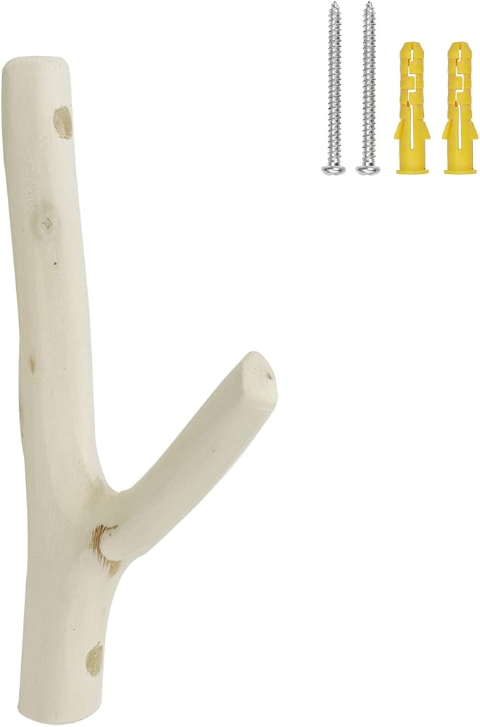 2Pcs Real Wood Tree Branch Wall Hook,Thickness 1cm-2cm with Screw | Farmhouse Rustic Decorative Wooden, Without Bark Trunk