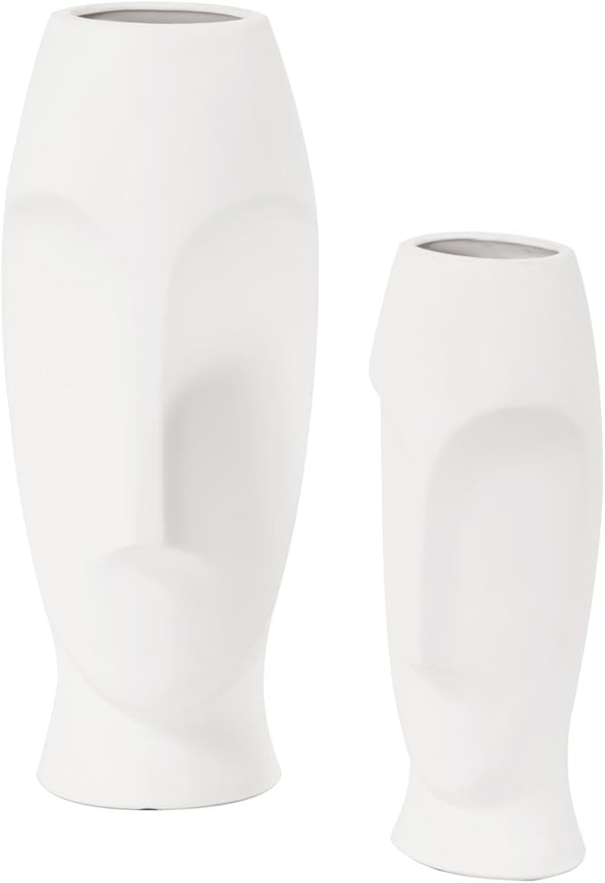 Howard Elliott Matte White Abstract Ceramic Face Vase Set of 2, Small and Tall White Human Face Vases for Decor, Plant, Flowers, Home, Office, Living Room, Entryway, Ideal Gift for Wedding