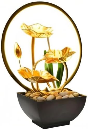 Tabletop Fountain with Led Light, 11IN Gold Lotus Indoor Waterfall Fountain USB Powered Zen Table Water Fountains with 1 Replacement Water Pump
