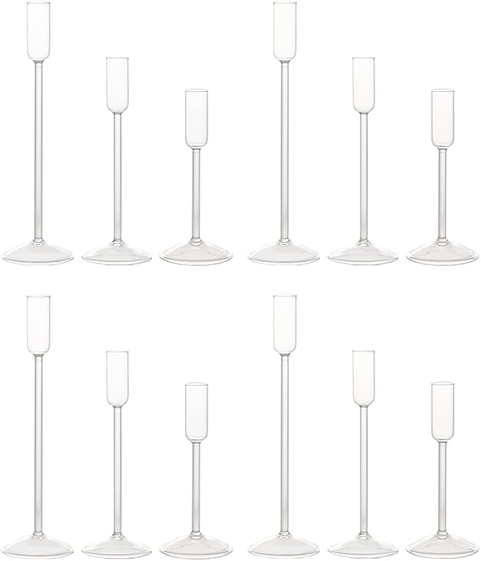 Candle Holder, Glass Taper Candle Tall Candlestick Holder, 3 Different Heights, for Table Centerpiece, Wedding, Party, Clear, 12pcs