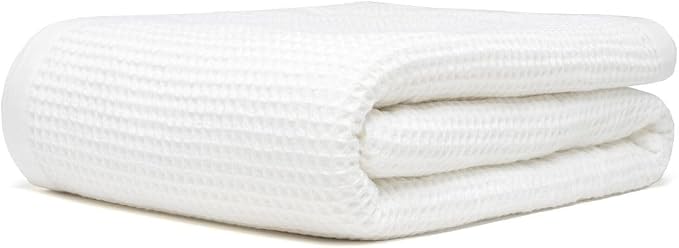 GOTS Certified Organic Cotton Waffle Weave Blanket, Queen Bed Size, 90"X90"Cozy Throw Blanket for Couch, Modern Home Decor, Throw Blankets, Comfy Waffle Blanket & Soft Bed Blankets -White