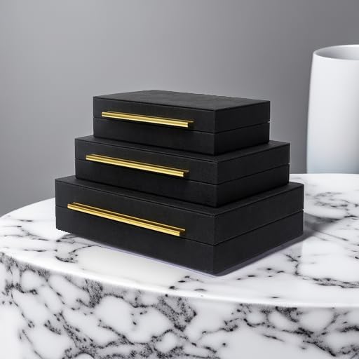 DECOR4SEASON Faux Shagreen Decorative Storage Boxes – Set of 3 Stackable Jewelry Organizers with Gold Metal Handles & Velvet Lining, Modern Black Box for Vanity, Entryway & Coffee Table Décor