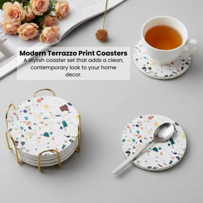Absorbent Terrazzo Drink Coasters Set of 6 with Holder, Ceramic Drink Coasters for Coffee Table Decor, Water-Absorbing Stone Coasters (Mosaic)