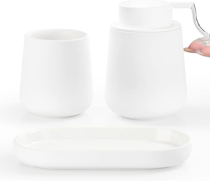 BosilunLife Ceramic Bathroom Accessories Set 3 Pcs, Liquid Soap Dispenser and Toothbrush Holder with Tray, Modern Farmhouse Vanity Decor, White Housewarming Gift