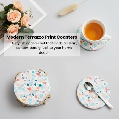 Terrazzo Coasters Set of 6, Ceramic Absorbent Drink Coasters, Cute Moisture Absorbing Coaster, Coffee Table Desk Decor, Colorful Stone Coaster for Drinks (Pastel)