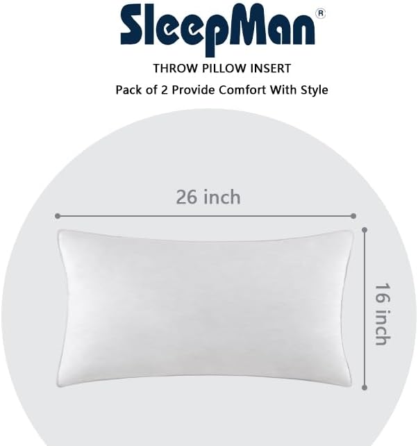 SleepMan Throw Pillow Inserts 16" x 26" (Pack of 1, White) Down Feather Pillow Stuffer Premium Decorative Pillows for Sofa Couch Bed