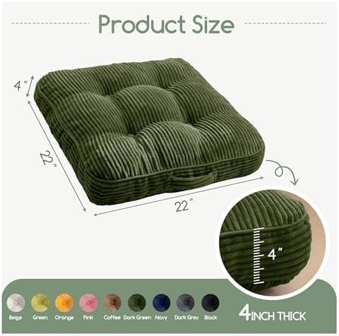 HIGOGOGO Floor Pillow Cushion for Adults, Meditation Cushion Pillow, Large Square Floor Sitting, Tufted Corduroy Cover, for Tatami Living Room or Yoga, Dark Green