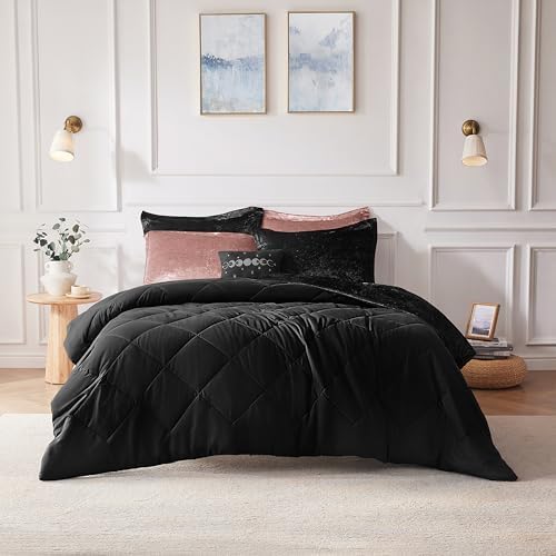 Intelligent Design Queen Duvet Cover Set, Velvet Queen Duvet Set, Luxury Diamond Quilting Black Duvet Cover, Fluffy Duvet Cover with Decorative Pillow and 2 Shams, 4 Pieces, Black, Full/Queen