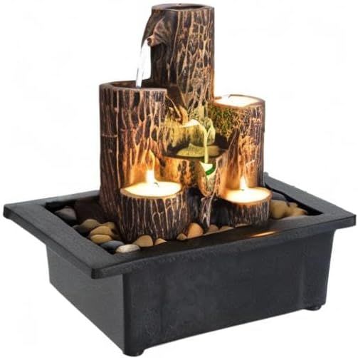 Small Indoor Relaxation Tabletop Fountain, Zen Meditation Waterfall Feature with Color LED Light & Natural Rocks, 4 Level Desk Waterfall for Home Office Bedroom Living Room Decoration (Style 4)