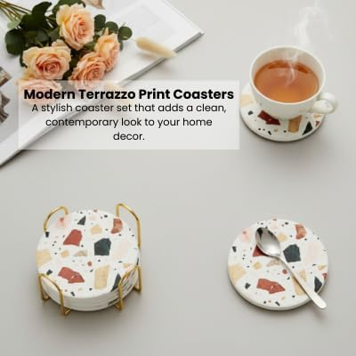 Absorbent Coaster Set of 6 with Holder, Drink Coasters for Coffee Table, Kitchen, Home Decor, Cute Ceramic Round Coasters, Alternative to Silicone, Cork or Glass Coaster (Terra)