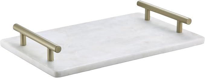 Queenza White Marble Decorative Tray with Gold Handles (12 x 8 Inch) | Luxury Stone Vanity Tray for Bathroom, Kitchen Counter, Coffee Table & Dresser Organization