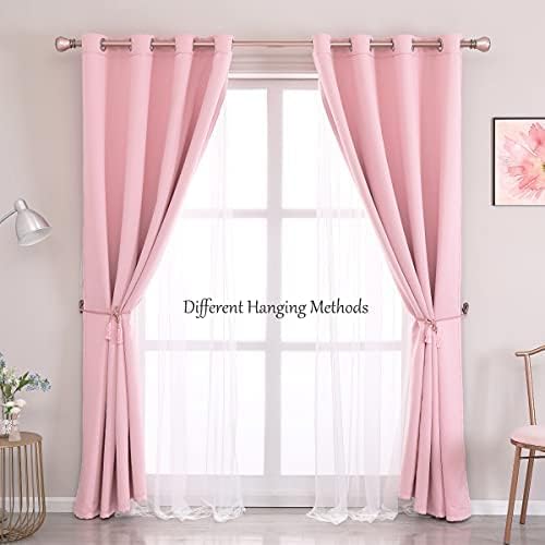 Short Pink Curtains 63 Inch Long- Blackout Curtains with Voile Sheer Drapes Thermal Pink Window Treatments with Tie-Backs for Kids/Girls Bedroom Nursery Living Room, Elegant, 2 Panels