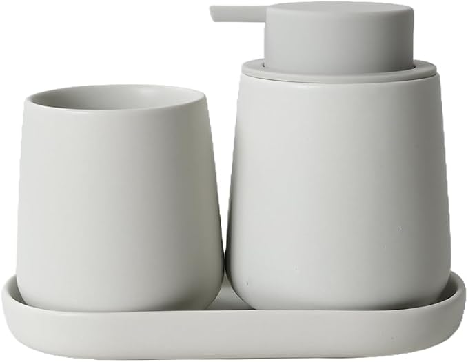 BosilunLife Ceramic Bathroom Accessories Set 3 Pcs, Foaming Soap Dispenser and Toothbrush Holder with Tray, Modern Farmhouse Vanity Decor, Light Grey Housewarming Gift