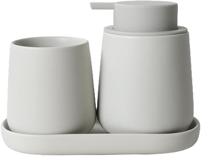 BosilunLife Ceramic Bathroom Accessories Set 3 Pcs, Liquid Soap Dispenser and Toothbrush Holder with Tray, Modern Farmhouse Vanity Decor, Light Grey Housewarming Gift
