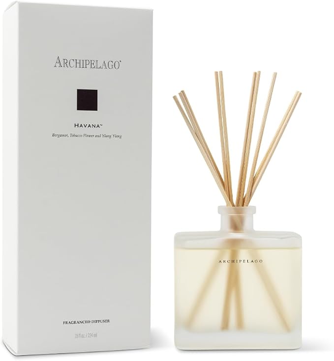 Archipelago Botanicals Havana Reed Diffuser, Home Fragrance Reed Diffuser, Includes Fragrance Oil, Frosted Glass Vessel & 10 Diffuser Reeds, Perfect for Home, Office or Gift, 7.6 Fl Oz