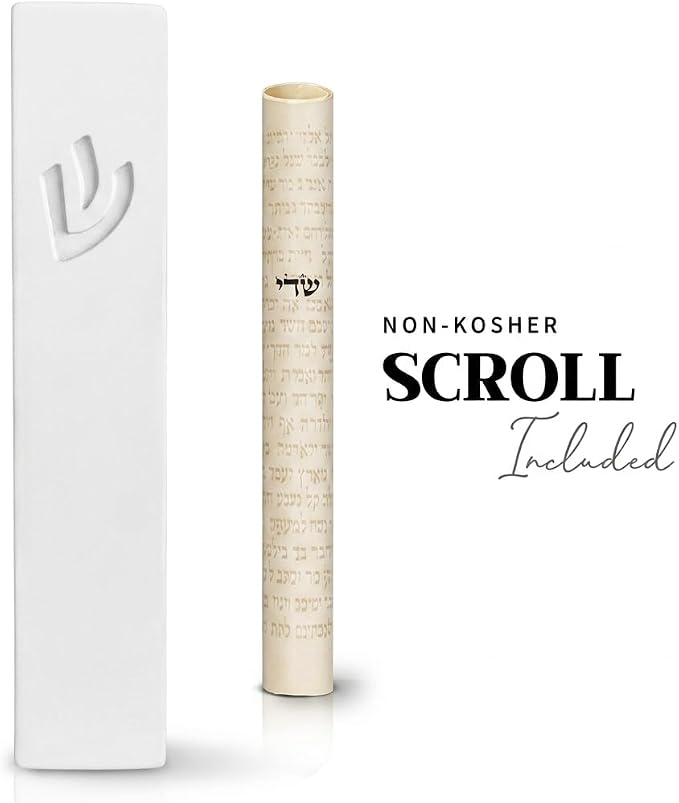 SURI Mezuzah for Door – 7 Inch White Concrete Mezuzah Case with Non Kosher Scroll, Self-Stick Jewish Entry Design, Fits a 6 Inch Scroll, Gift Box Included
