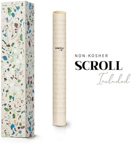 SURI Mezuzah with Non Kosher Scroll for Door – 5 Inch Terrazzo Cream and Turquoise Mezuzah Case, Self-Stick Modern Mezuza Cover, Fits a 4 Inch Scroll, Gift Box Included