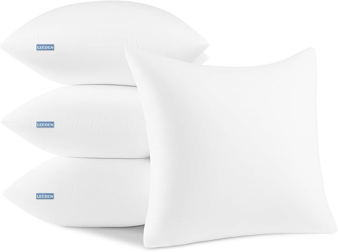 Leeden 18x18 Pillow Inserts Pack of 4, 18 Inch Throw Pillow Inserts, Soft Fluffy Decorative Square Throw Pillows for Couch, Sofa, Bed, and Home Decor White Pillows