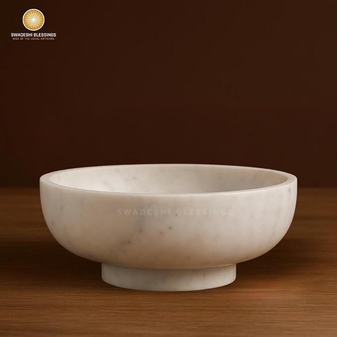 SWADESHI BLESSINGS Handcrafted Large Decorative Bowl for Home Decor, Marble Fruit Bowl for Kitchen Counter, Key Bowl for Entryway Table, Marble Pedestal Bowl for Dining Table Centerpiece Decor, 10.5”