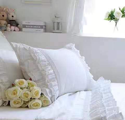 2-Pack Bright White Pillow Shams Cases Covers with Ruffles and Embroidery Lace Egypt Cotton King Size 20"X36" Princess Girls Bed