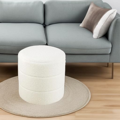 HomePop Upholstered Round Ottoman (No Lid, Seat Only) | HomePop Home Décor | Round Pouf Foot Rest – Cream Boucle