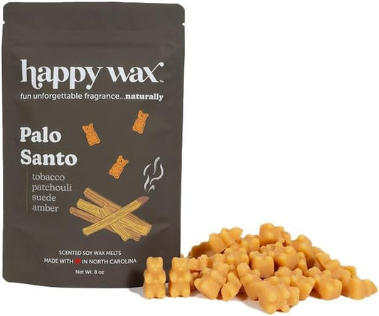 Happy Wax Palo Santo Scented Bear Wax Melts - Natural Strong Scented Woodsy Infused w/Essential Oils - Non Toxic & Pet Safe - (8 oz Pouch)