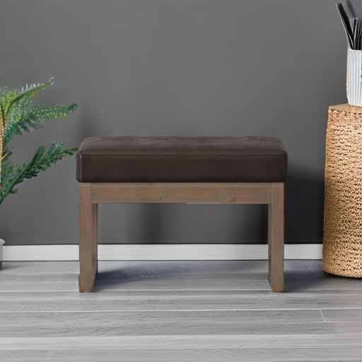 SIMPLIHOME Milltown Small Ottoman Bench - 27 inch Wide Upholstered Vegan Leather Rectangle Footstool Ottoman in Distressed Brown, Contemporary Bench for Bedroom with Cushioned Seat